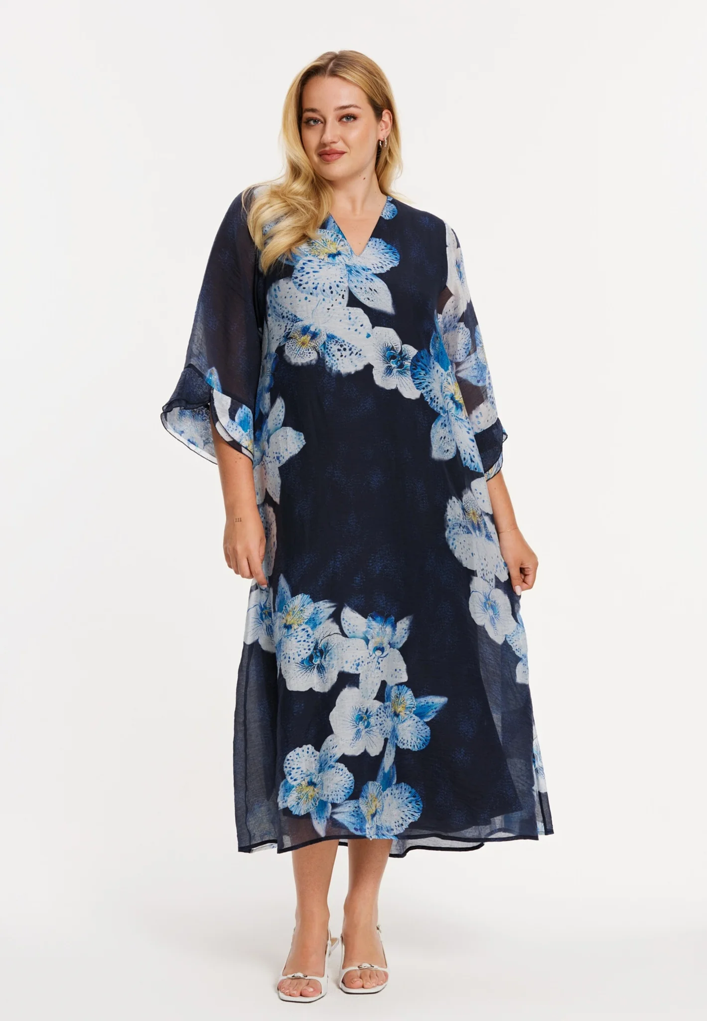 Jurken lange mouw navy Yoek